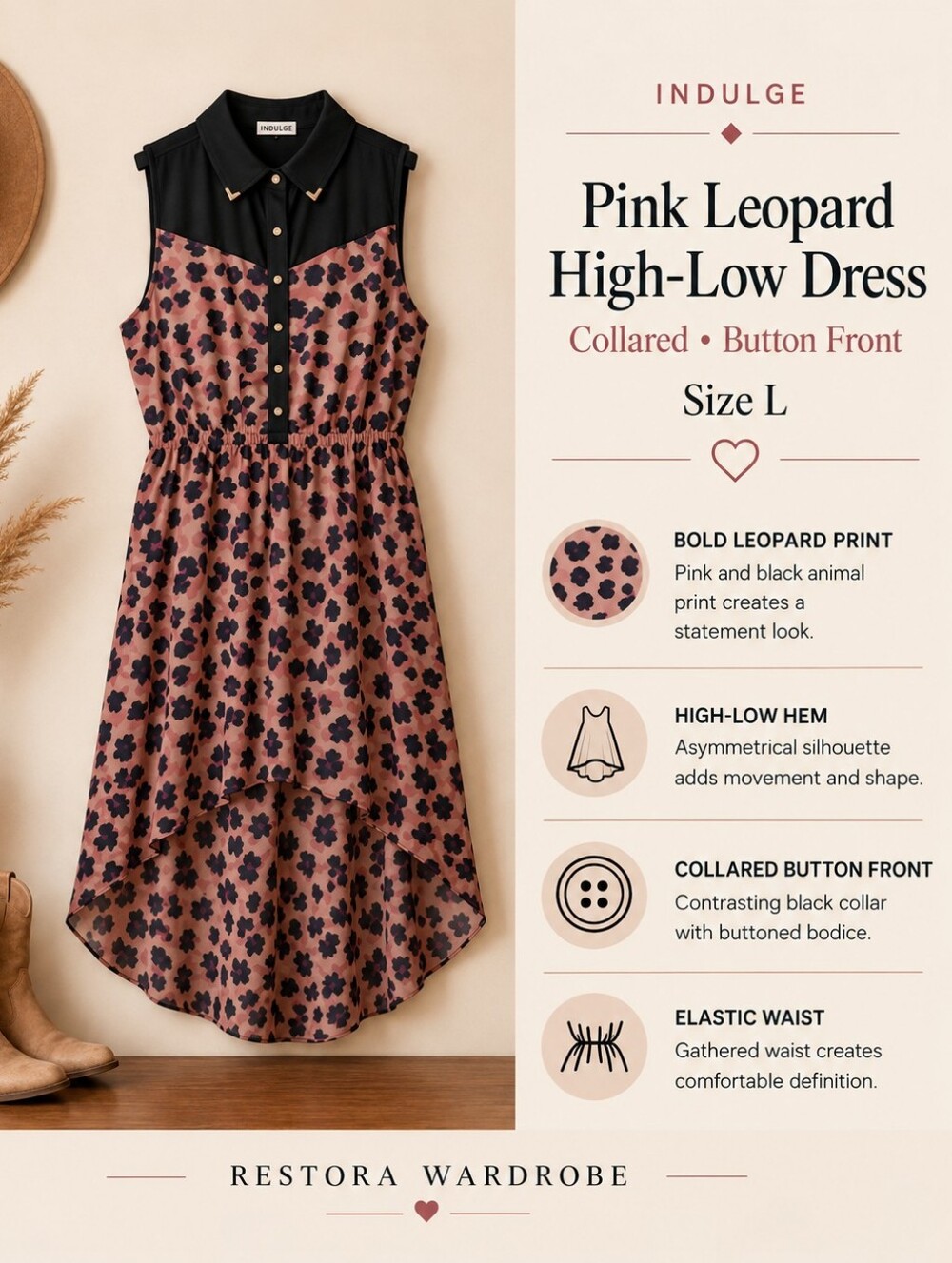 Indulge Pink Leopard Print High Low Dress Collared Button Front L